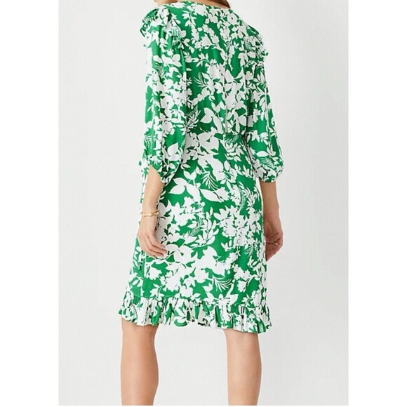 Ann Taylor Sheath Dress Sz 4P Floral Side Tie Green & White 3/4 Sleeves $159 - Picture 3 of 11